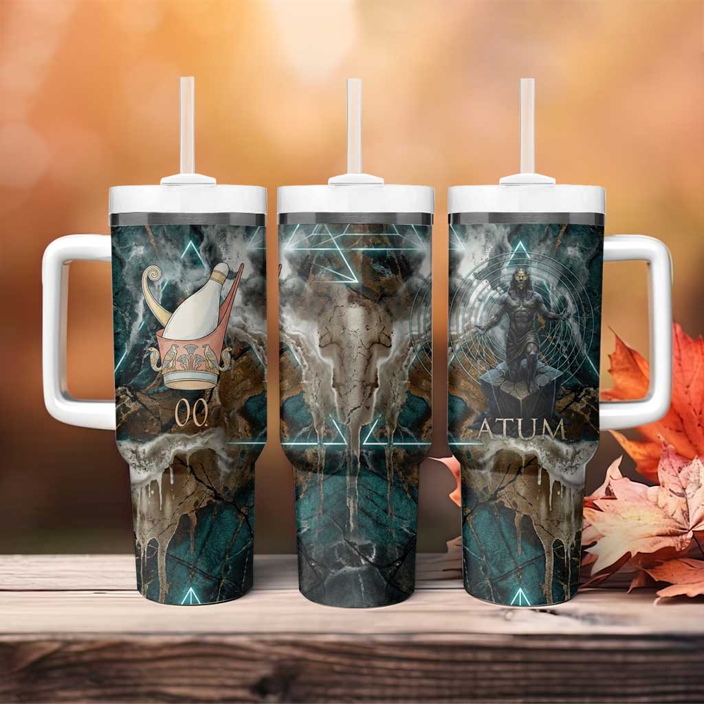 Atum Tumbler With Handle Ancient Egyptian Teal Marble Smoke, Solar Barque Crown, Creator Deity Statue - African Pride