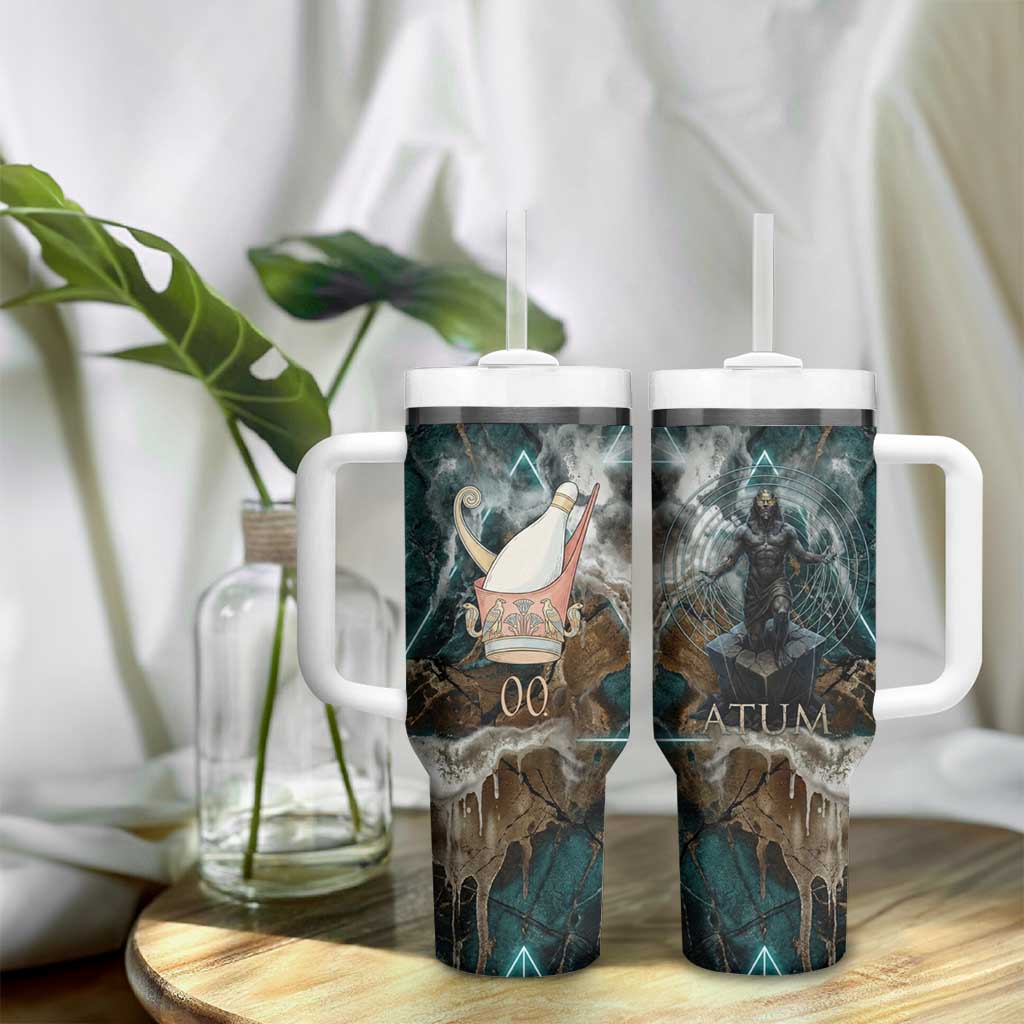 Atum Tumbler With Handle Ancient Egyptian Teal Marble Smoke, Solar Barque Crown, Creator Deity Statue - African Pride
