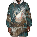 Atum Wearable Blanket Hoodie Ancient Egyptian Teal Marble Smoke, Solar Barque Crown, Creator Deity Statue - African Pride