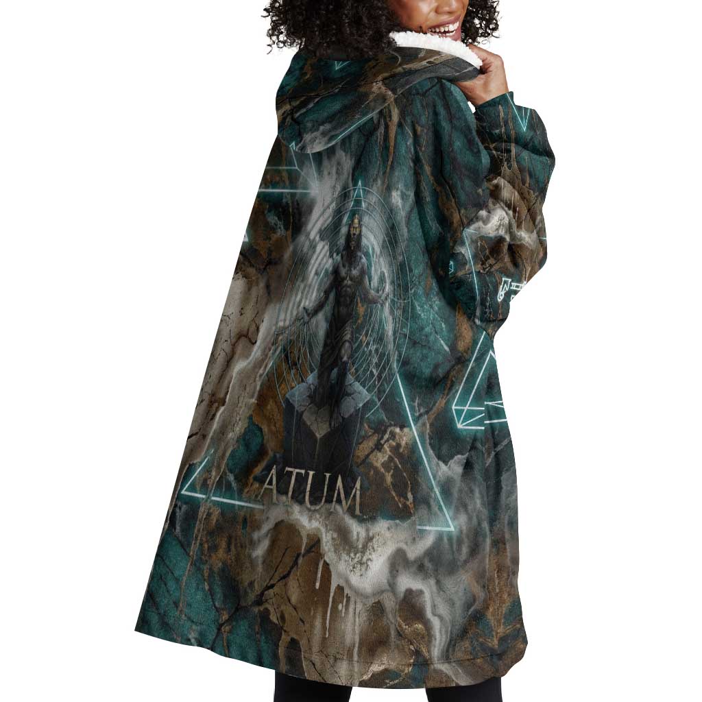 Atum Wearable Blanket Hoodie Ancient Egyptian Teal Marble Smoke, Solar Barque Crown, Creator Deity Statue - African Pride