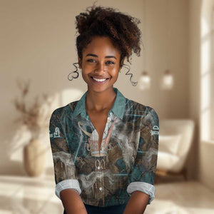Atum Women Casual Shirt Ancient Egyptian Teal Marble Smoke, Solar Barque Crown, Creator Deity Statue - African Pride
