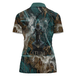 Atum Women Polo Shirt Ancient Egyptian Teal Marble Smoke, Solar Barque Crown, Creator Deity Statue - African Pride