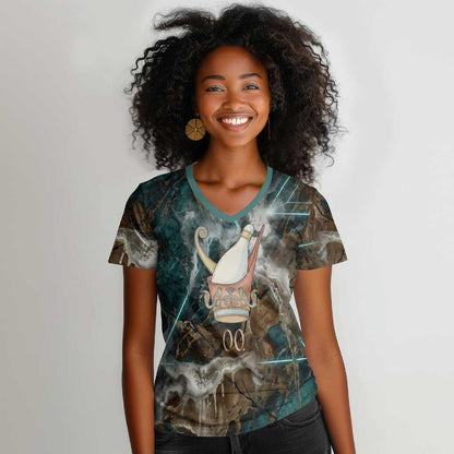 Atum Women V-Neck T-Shirt Ancient Egyptian Teal Marble Smoke, Solar Barque Crown, Creator Deity Statue - African Pride