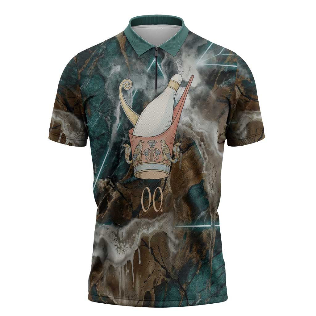 Atum Zipper Polo Shirt Ancient Egyptian Teal Marble Smoke, Solar Barque Crown, Creator Deity Statue - African Pride