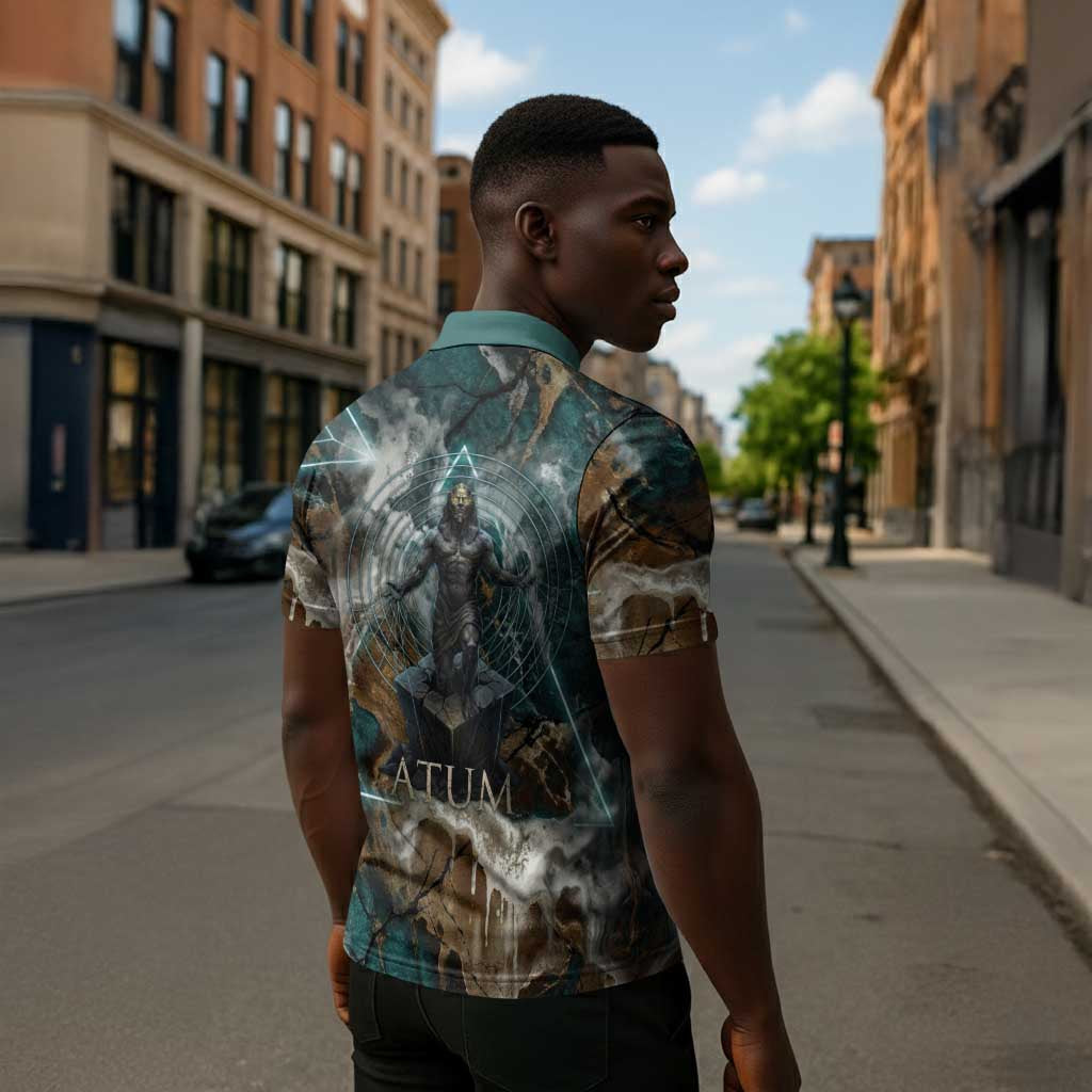 Atum Zipper Polo Shirt Ancient Egyptian Teal Marble Smoke, Solar Barque Crown, Creator Deity Statue - African Pride