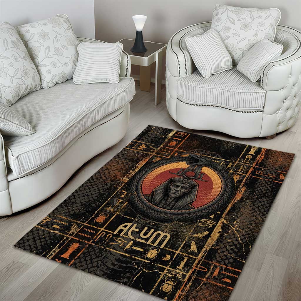 Atum Ancient Egyptian Area Rug with Dark Hieroglyph Grid, Ouroboros Serpent Ring and The Final Serpent - African Pride