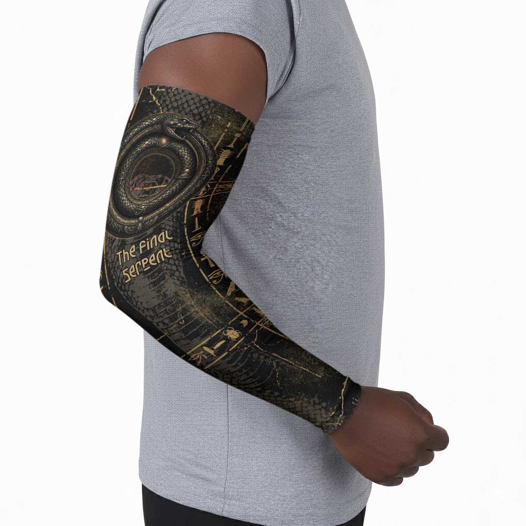 Atum Ancient Egyptian Arm Sleeves with Dark Hieroglyph Grid, Ouroboros Serpent Ring and The Final Serpent - African Pride