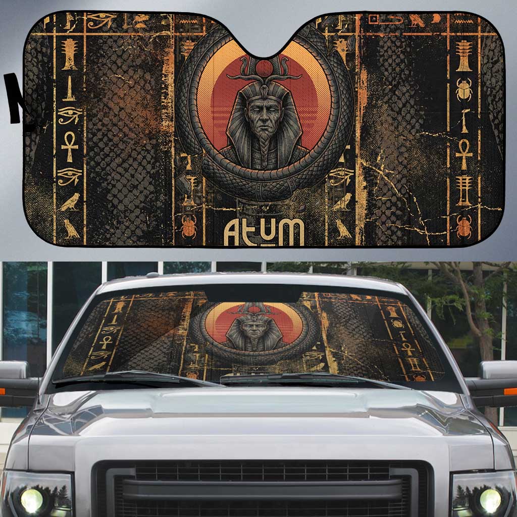 Atum Ancient Egyptian Auto Sun Shade with Dark Hieroglyph Grid, Ouroboros Serpent Ring and The Final Serpent - African Pride