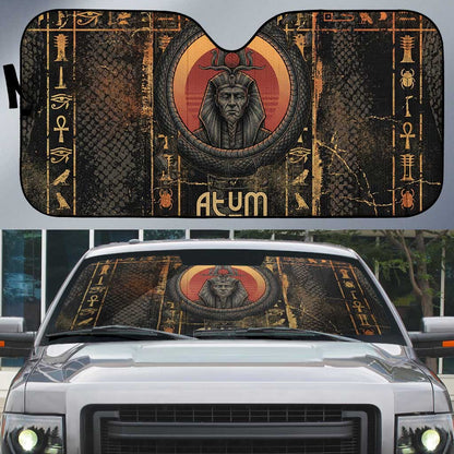 Atum Ancient Egyptian Auto Sun Shade with Dark Hieroglyph Grid, Ouroboros Serpent Ring and The Final Serpent - African Pride