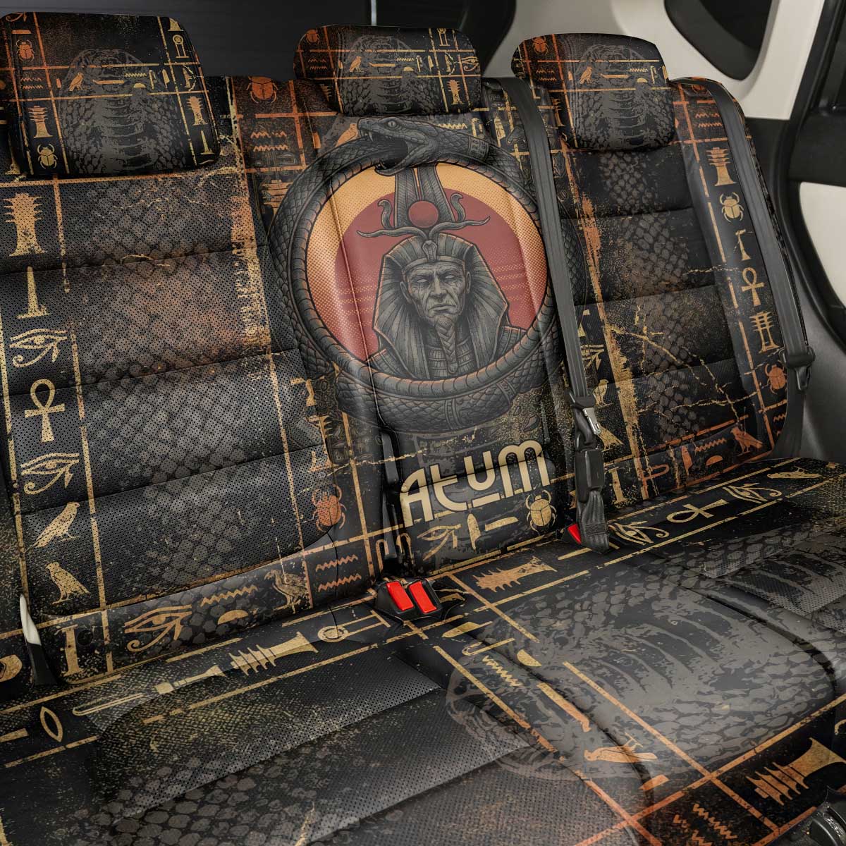 Atum Ancient Egyptian Back Car Seat Cover with Dark Hieroglyph Grid, Ouroboros Serpent Ring and The Final Serpent - African Pride