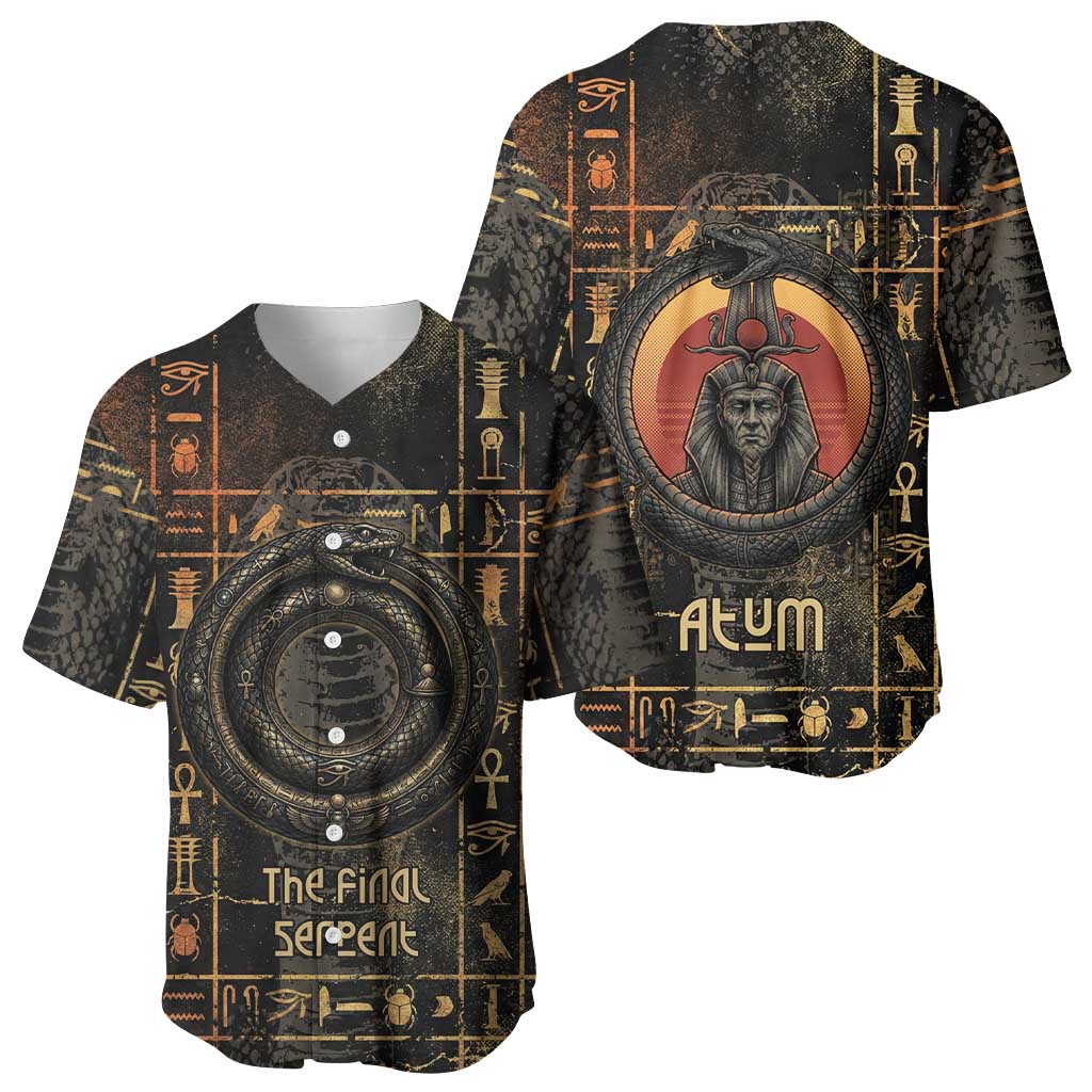 Atum Ancient Egyptian Baseball Jersey with Dark Hieroglyph Grid, Ouroboros Serpent Ring and The Final Serpent - African Pride