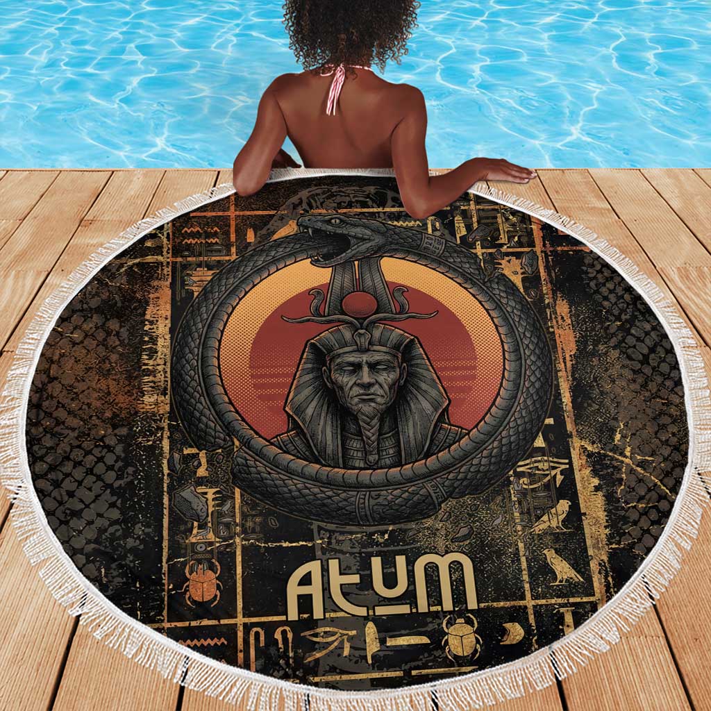 Atum Ancient Egyptian Beach Blanket with Dark Hieroglyph Grid, Ouroboros Serpent Ring and The Final Serpent - African Pride
