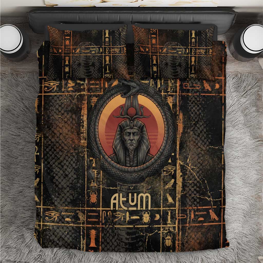 Atum Ancient Egyptian Bedding Set with Dark Hieroglyph Grid, Ouroboros Serpent Ring and The Final Serpent - African Pride