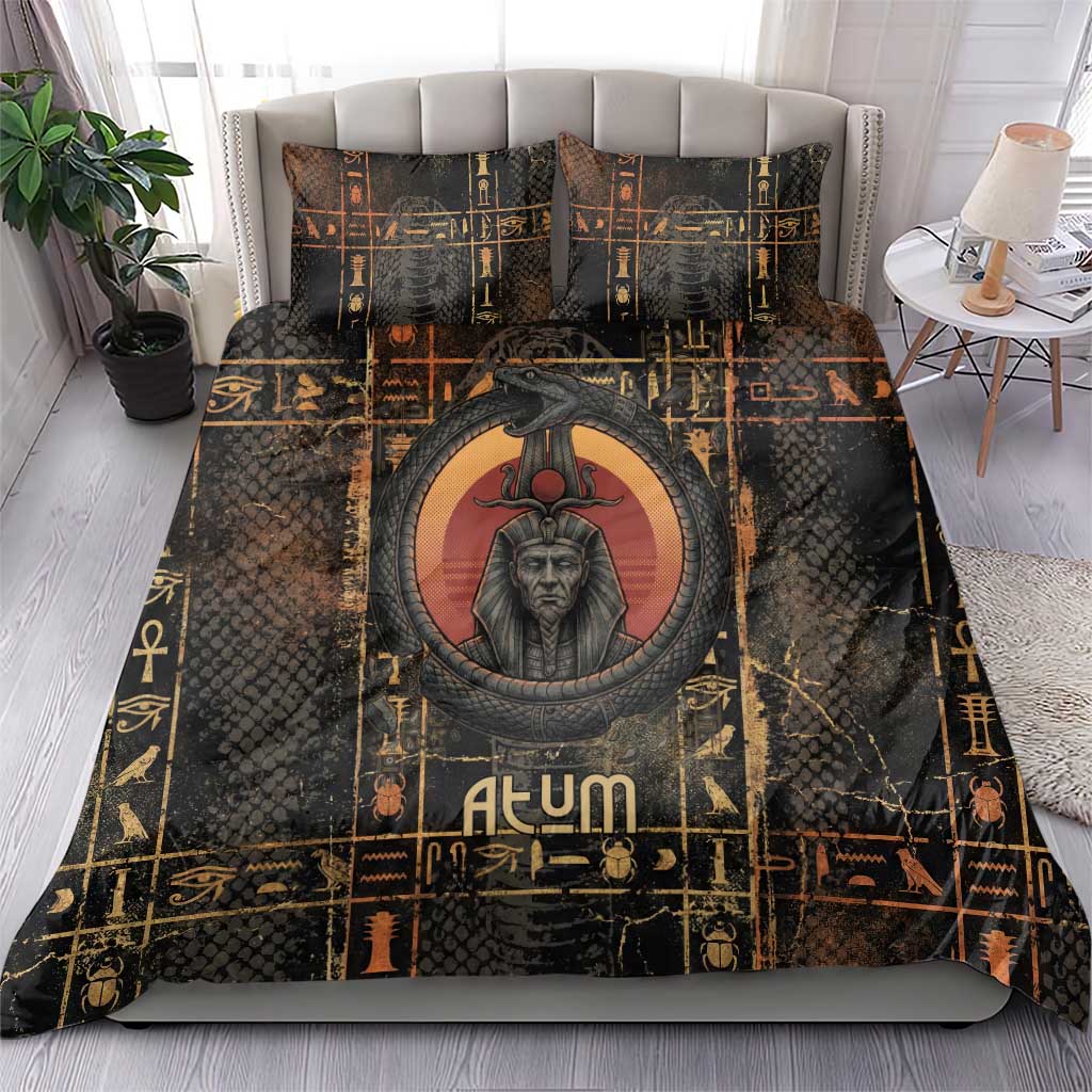 Atum Ancient Egyptian Bedding Set with Dark Hieroglyph Grid, Ouroboros Serpent Ring and The Final Serpent - African Pride