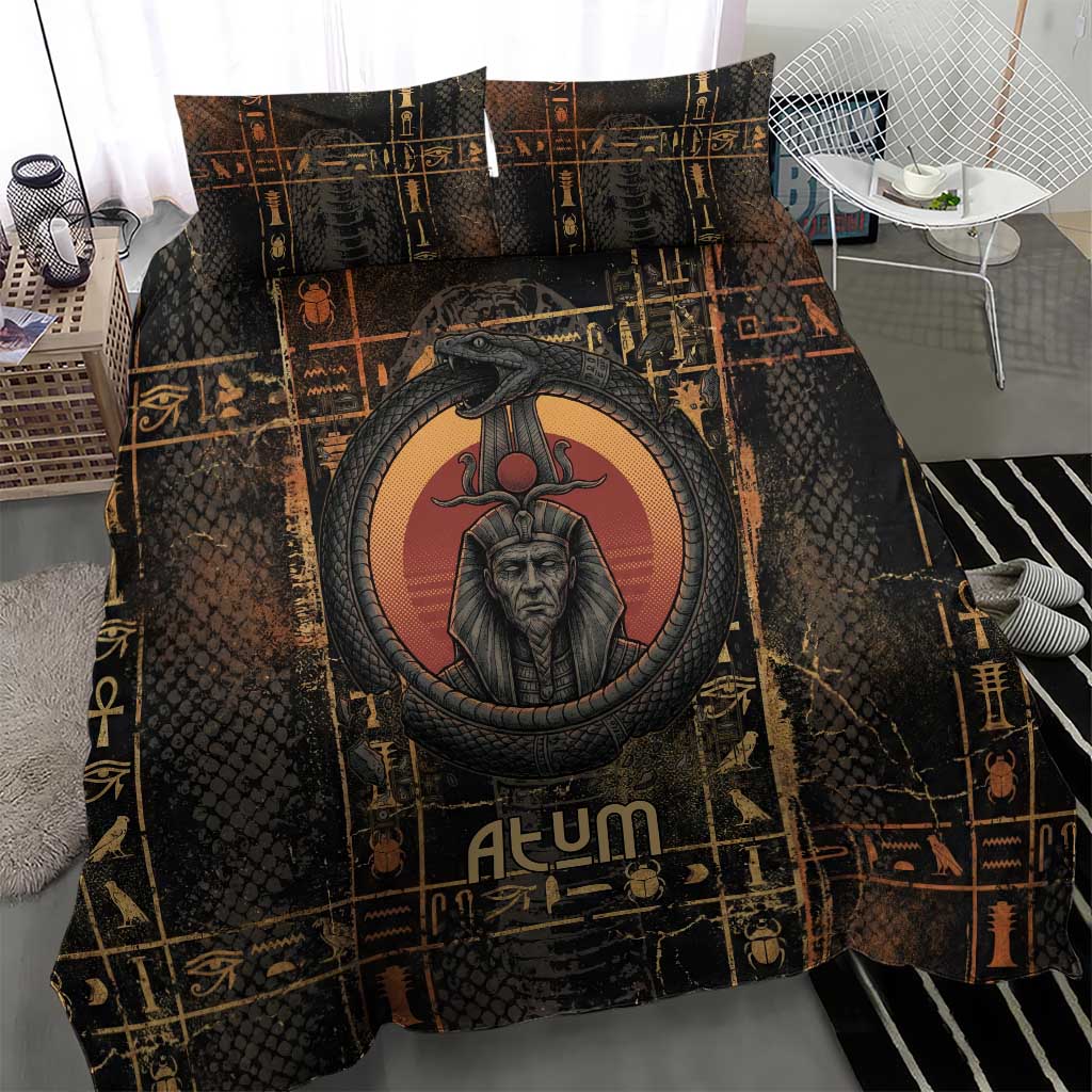 Atum Ancient Egyptian Bedding Set with Dark Hieroglyph Grid, Ouroboros Serpent Ring and The Final Serpent - African Pride