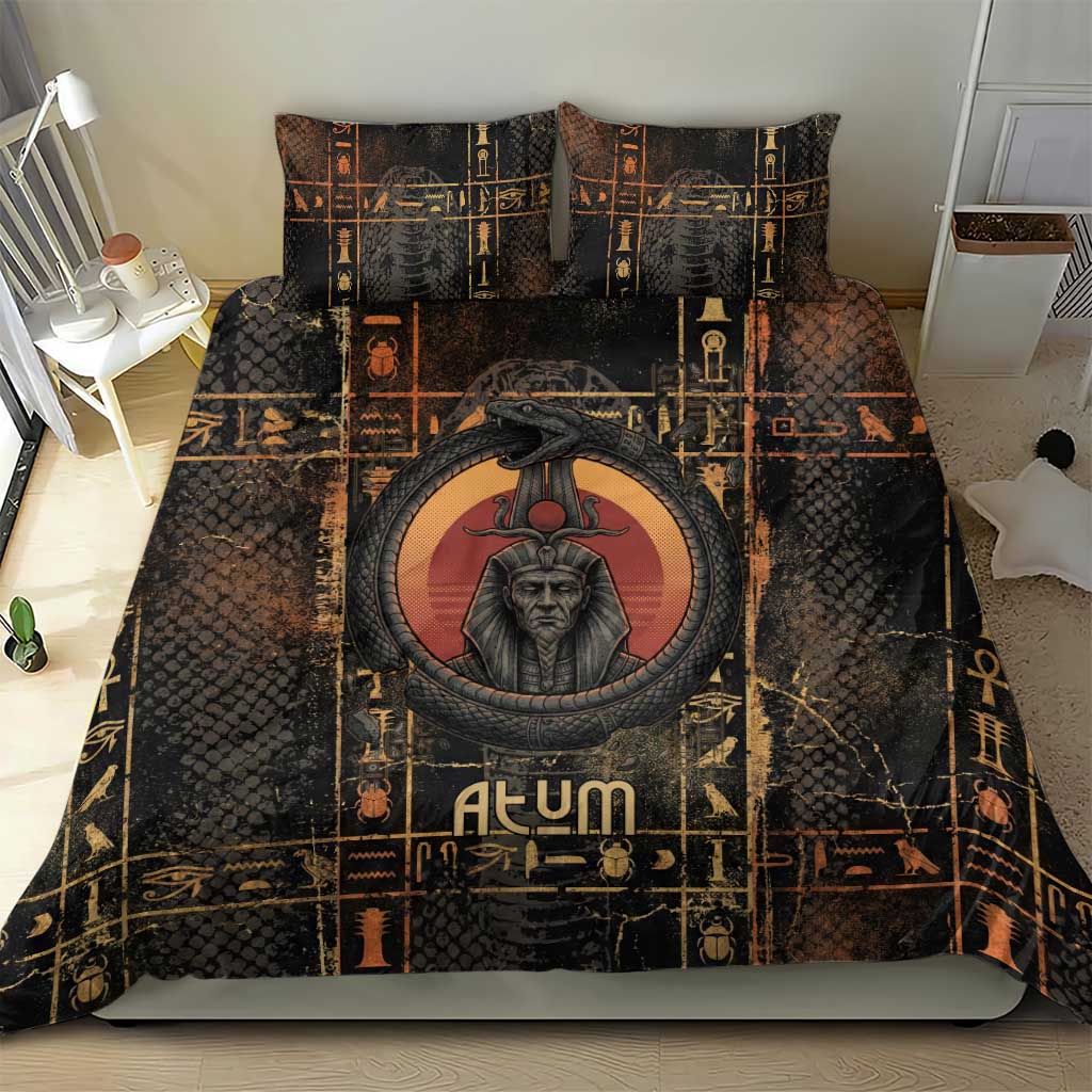 Atum Ancient Egyptian Bedding Set with Dark Hieroglyph Grid, Ouroboros Serpent Ring and The Final Serpent - African Pride