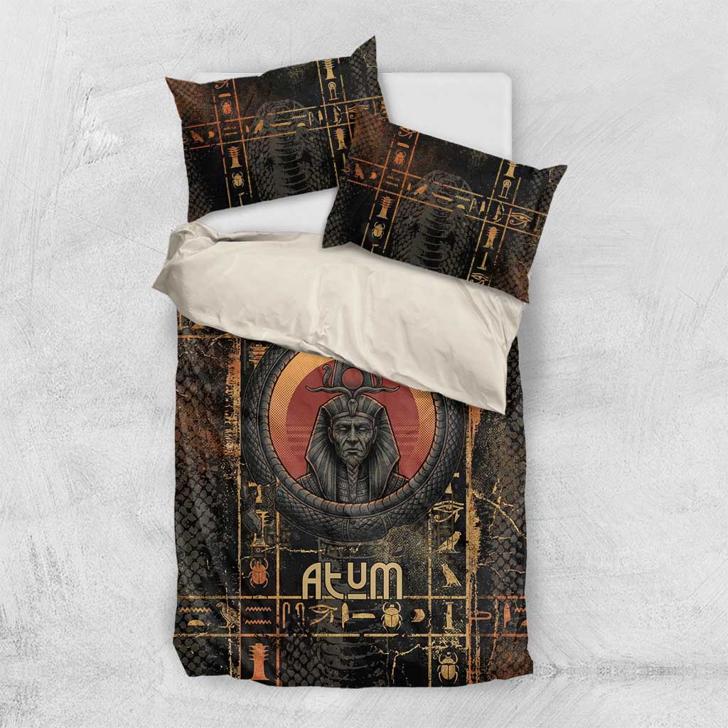 Atum Ancient Egyptian Bedding Set with Dark Hieroglyph Grid, Ouroboros Serpent Ring and The Final Serpent - African Pride