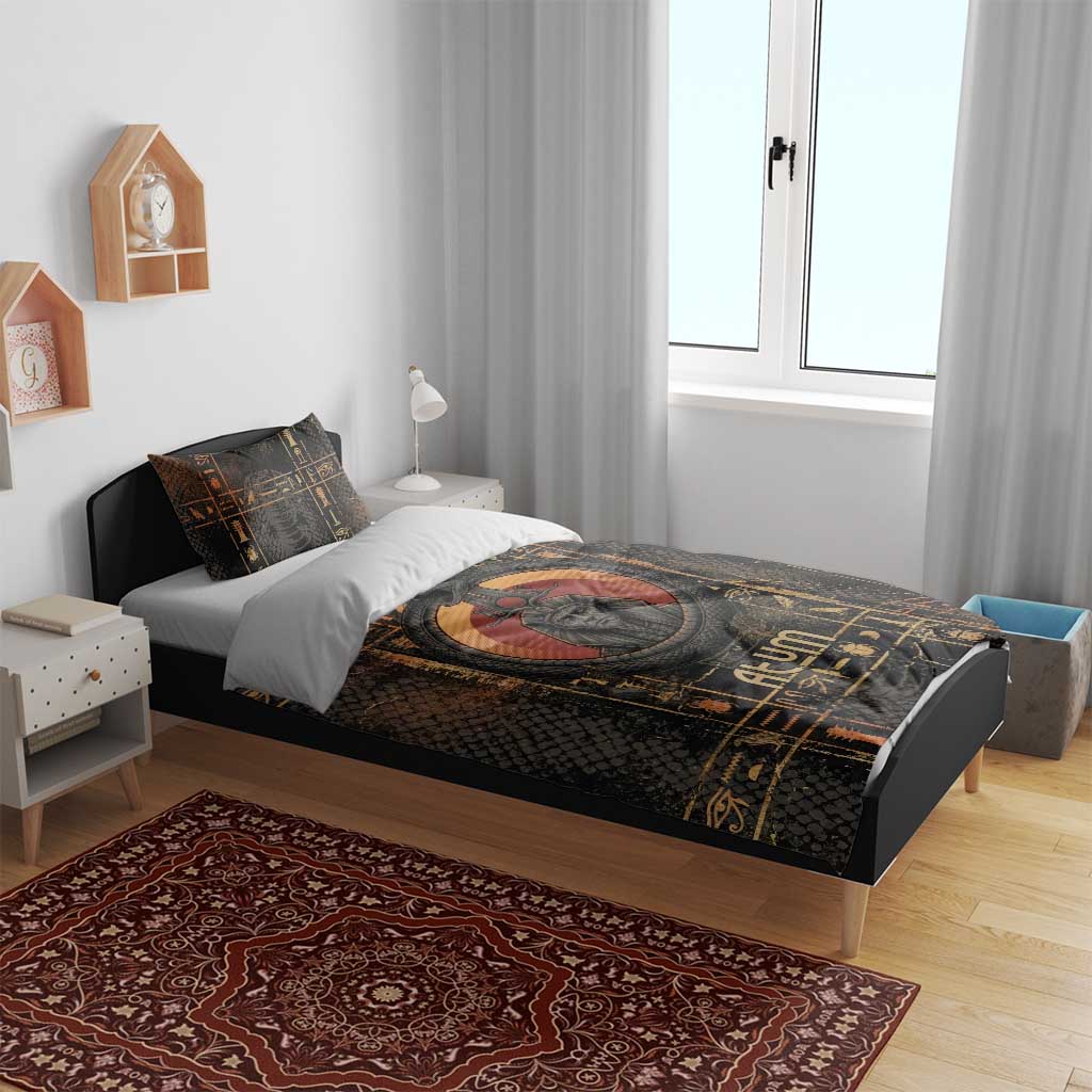 Atum Ancient Egyptian Bedding Set with Dark Hieroglyph Grid, Ouroboros Serpent Ring and The Final Serpent - African Pride