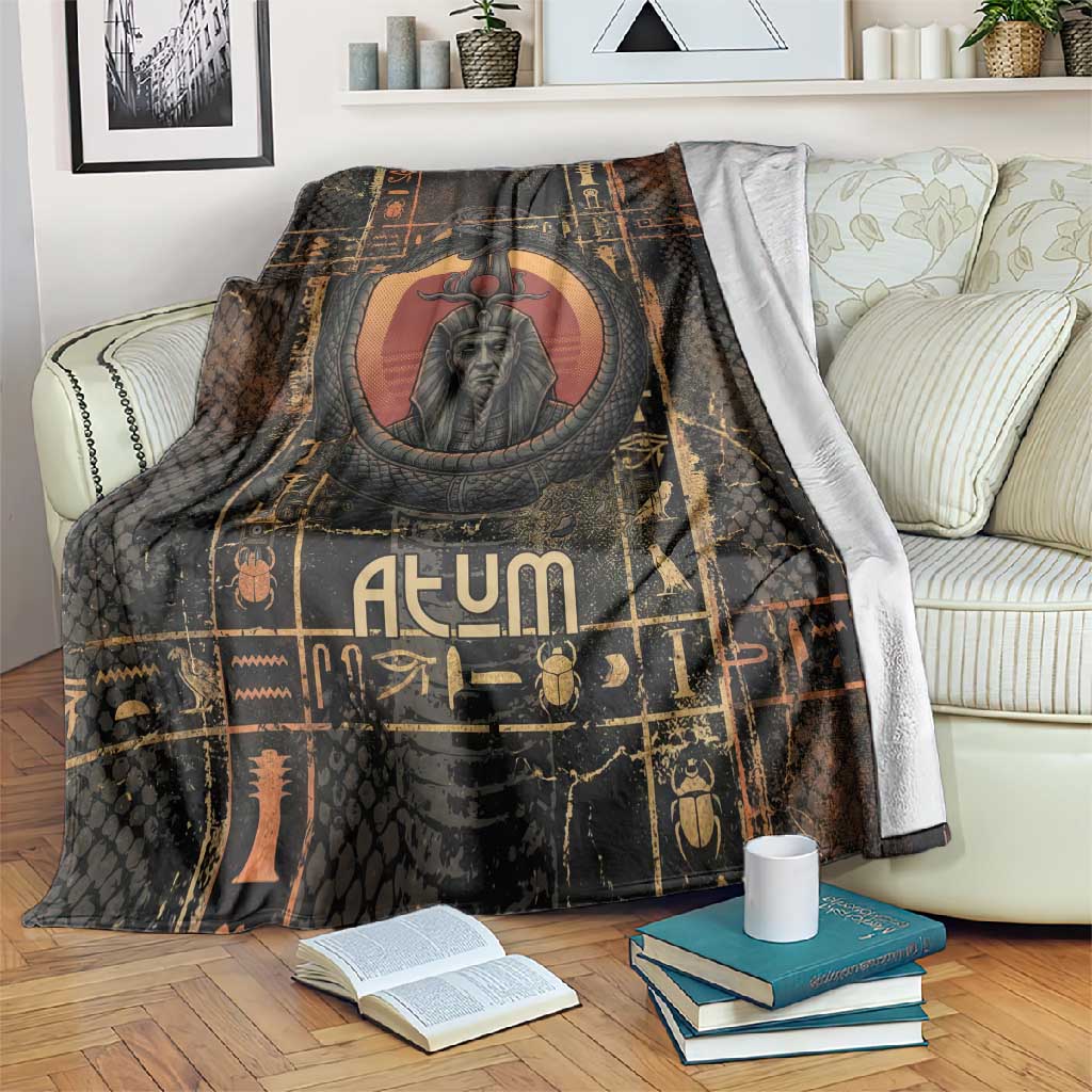 Atum Ancient Egyptian Blanket with Dark Hieroglyph Grid, Ouroboros Serpent Ring and The Final Serpent - African Pride