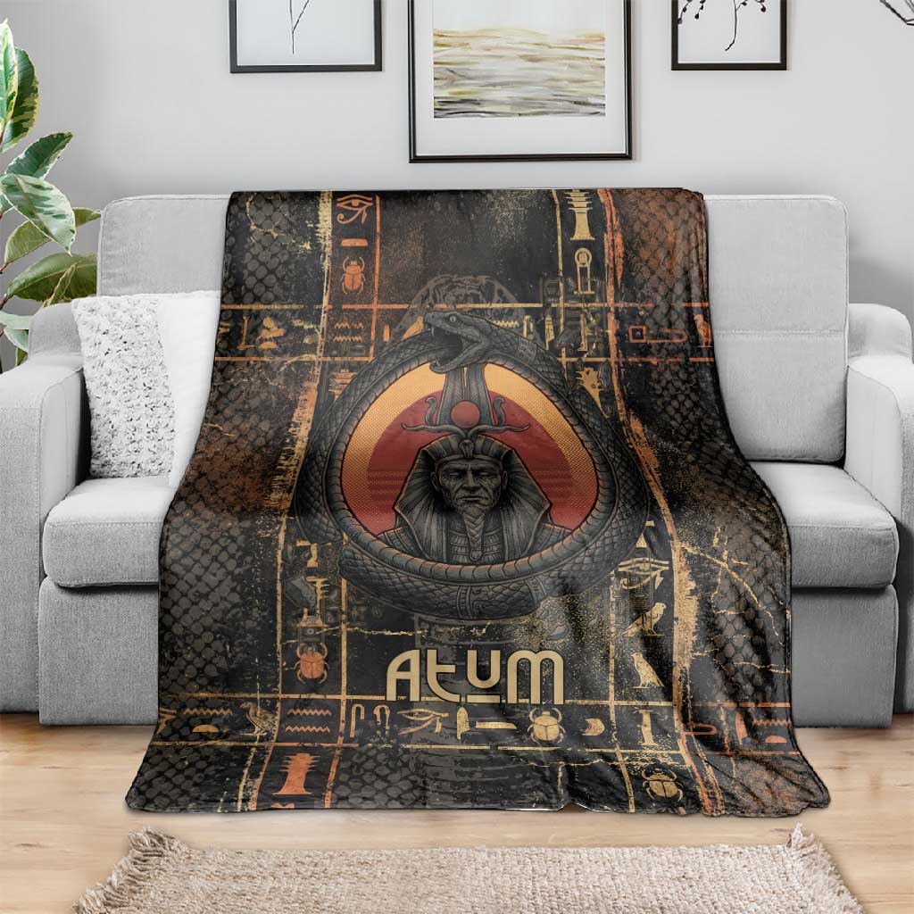 Atum Ancient Egyptian Blanket with Dark Hieroglyph Grid, Ouroboros Serpent Ring and The Final Serpent - African Pride