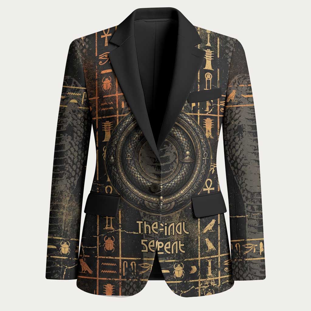 Atum Ancient Egyptian Blazer with Dark Hieroglyph Grid, Ouroboros Serpent Ring and The Final Serpent - African Pride
