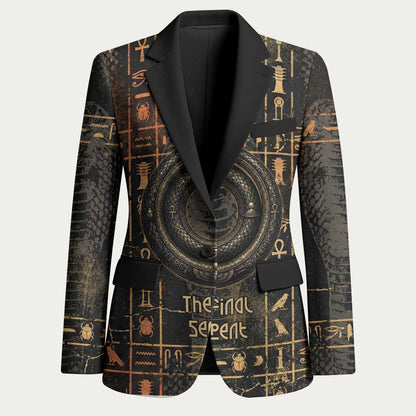 Atum Ancient Egyptian Blazer with Dark Hieroglyph Grid, Ouroboros Serpent Ring and The Final Serpent - African Pride