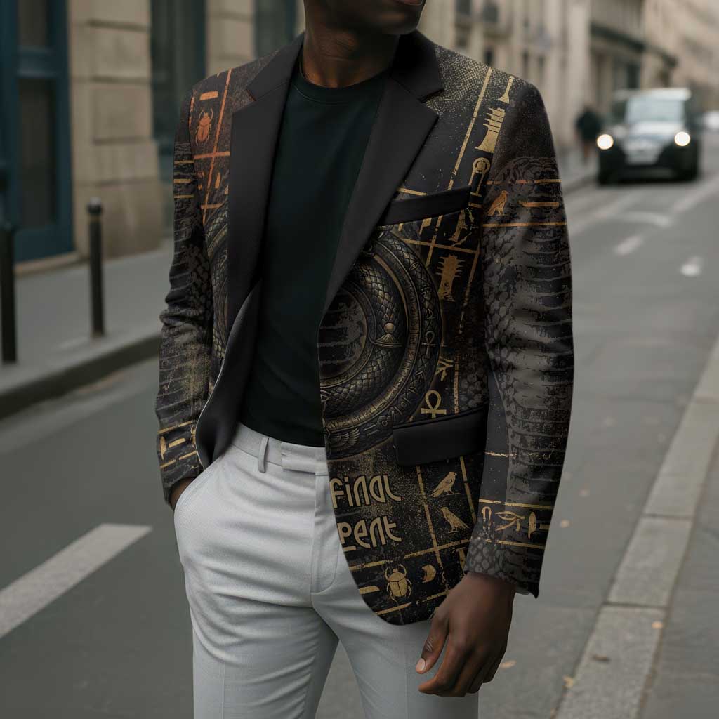Atum Ancient Egyptian Blazer with Dark Hieroglyph Grid, Ouroboros Serpent Ring and The Final Serpent - African Pride