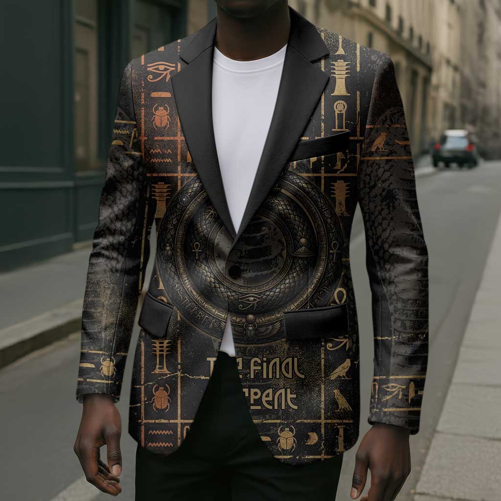 Atum Ancient Egyptian Blazer with Dark Hieroglyph Grid, Ouroboros Serpent Ring and The Final Serpent - African Pride
