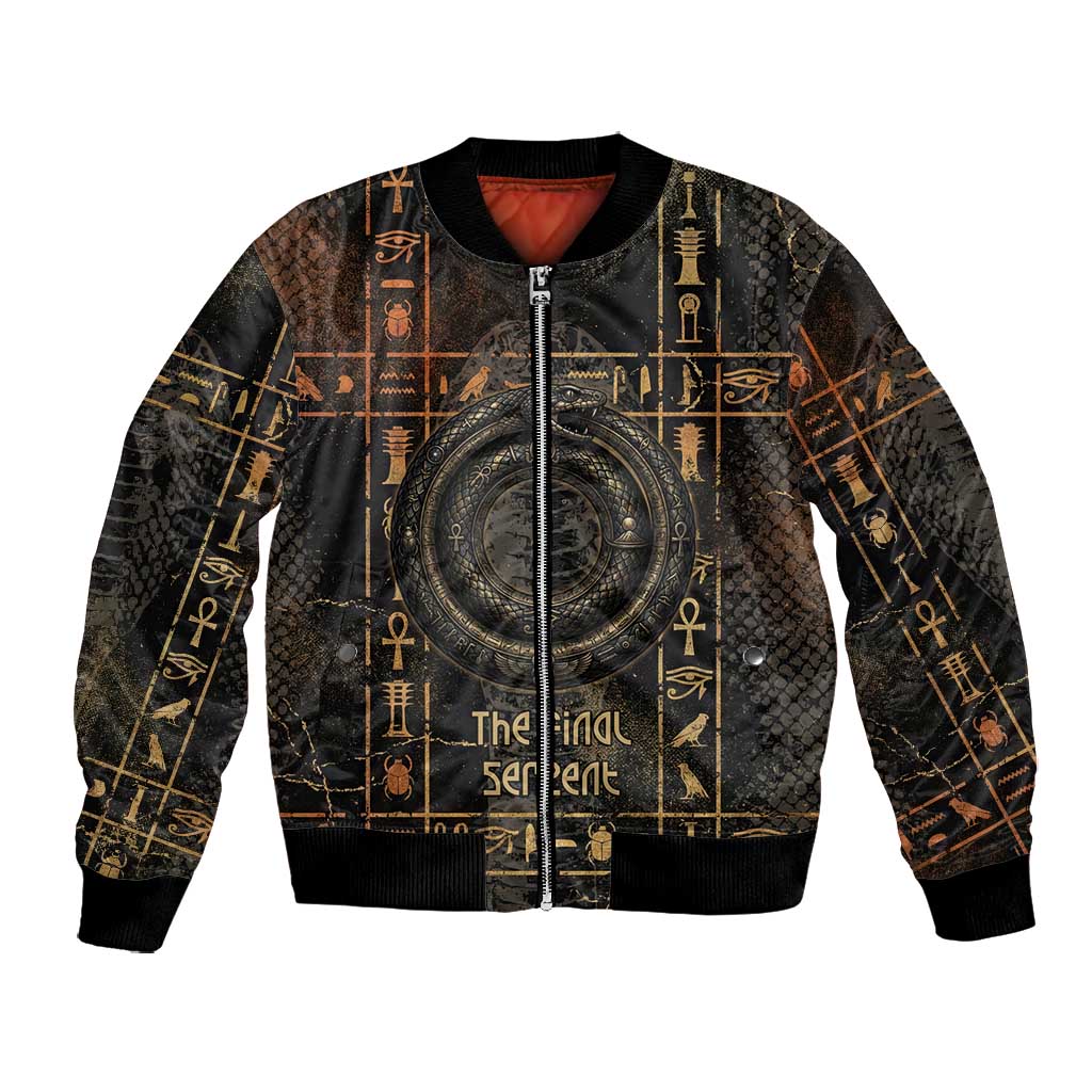 Atum Ancient Egyptian Bomber Jacket with Dark Hieroglyph Grid, Ouroboros Serpent Ring and The Final Serpent - African Pride