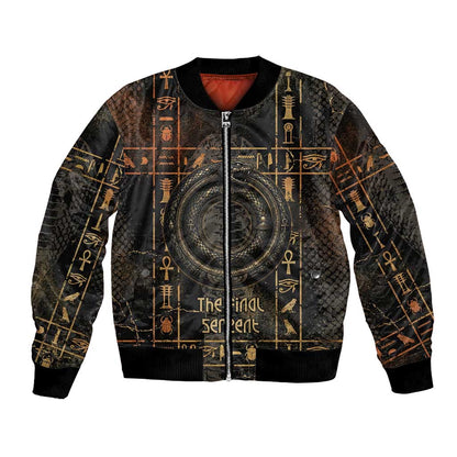 Atum Ancient Egyptian Bomber Jacket with Dark Hieroglyph Grid, Ouroboros Serpent Ring and The Final Serpent - African Pride
