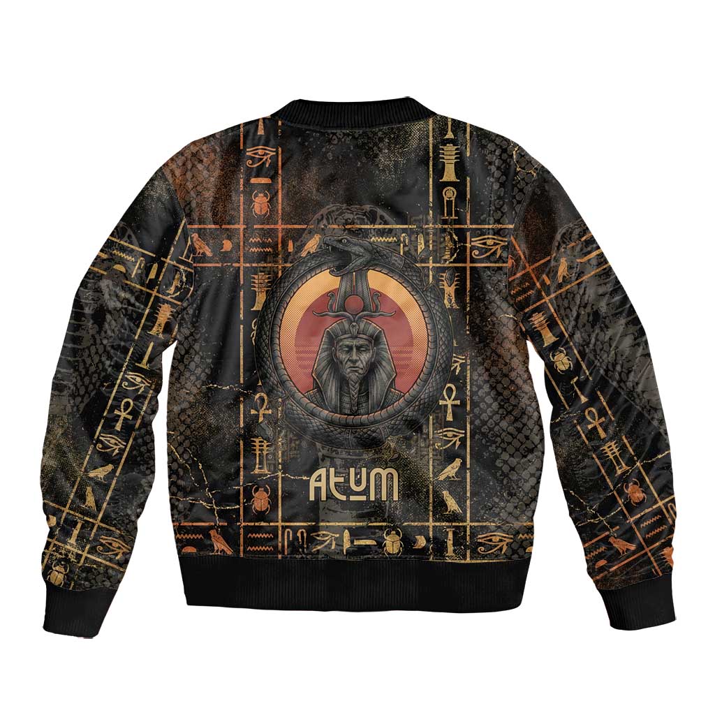 Atum Ancient Egyptian Bomber Jacket with Dark Hieroglyph Grid, Ouroboros Serpent Ring and The Final Serpent - African Pride