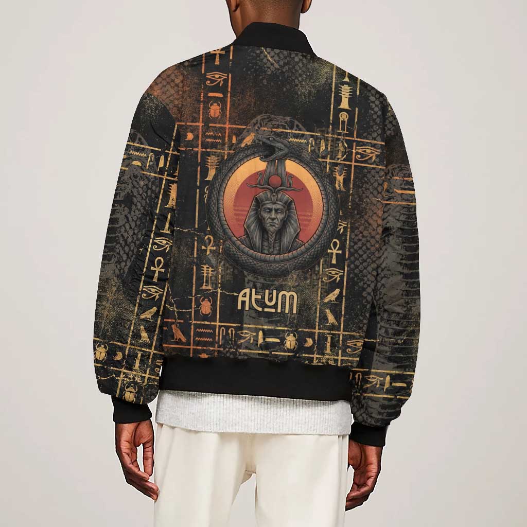 Atum Ancient Egyptian Bomber Jacket with Dark Hieroglyph Grid, Ouroboros Serpent Ring and The Final Serpent - African Pride