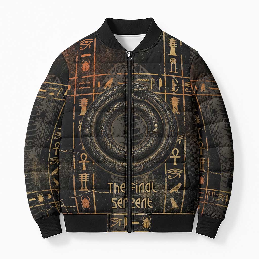 Atum Ancient Egyptian Bomber Puffer Jacket with Dark Hieroglyph Grid, Ouroboros Serpent Ring and The Final Serpent - African Pride
