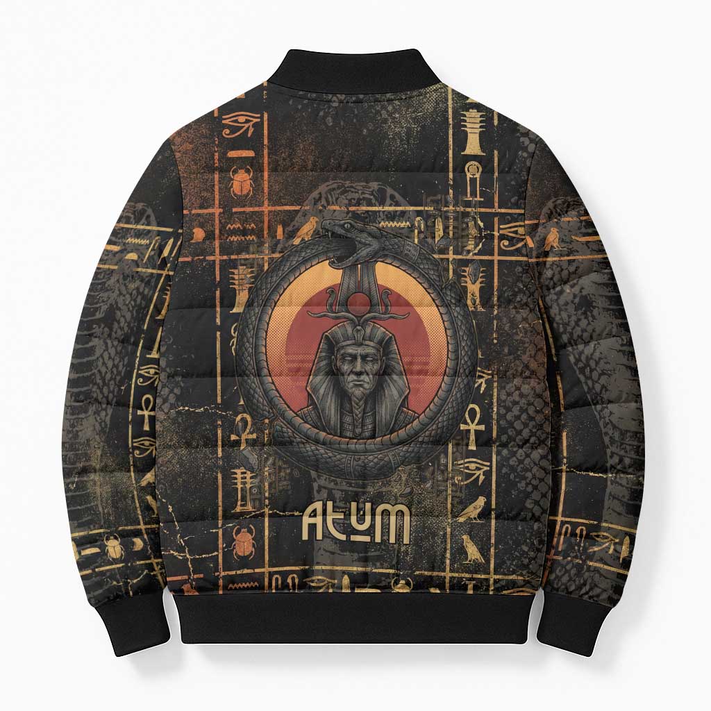 Atum Ancient Egyptian Bomber Puffer Jacket with Dark Hieroglyph Grid, Ouroboros Serpent Ring and The Final Serpent - African Pride