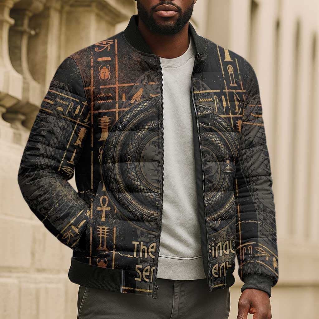 Atum Ancient Egyptian Bomber Puffer Jacket with Dark Hieroglyph Grid, Ouroboros Serpent Ring and The Final Serpent - African Pride