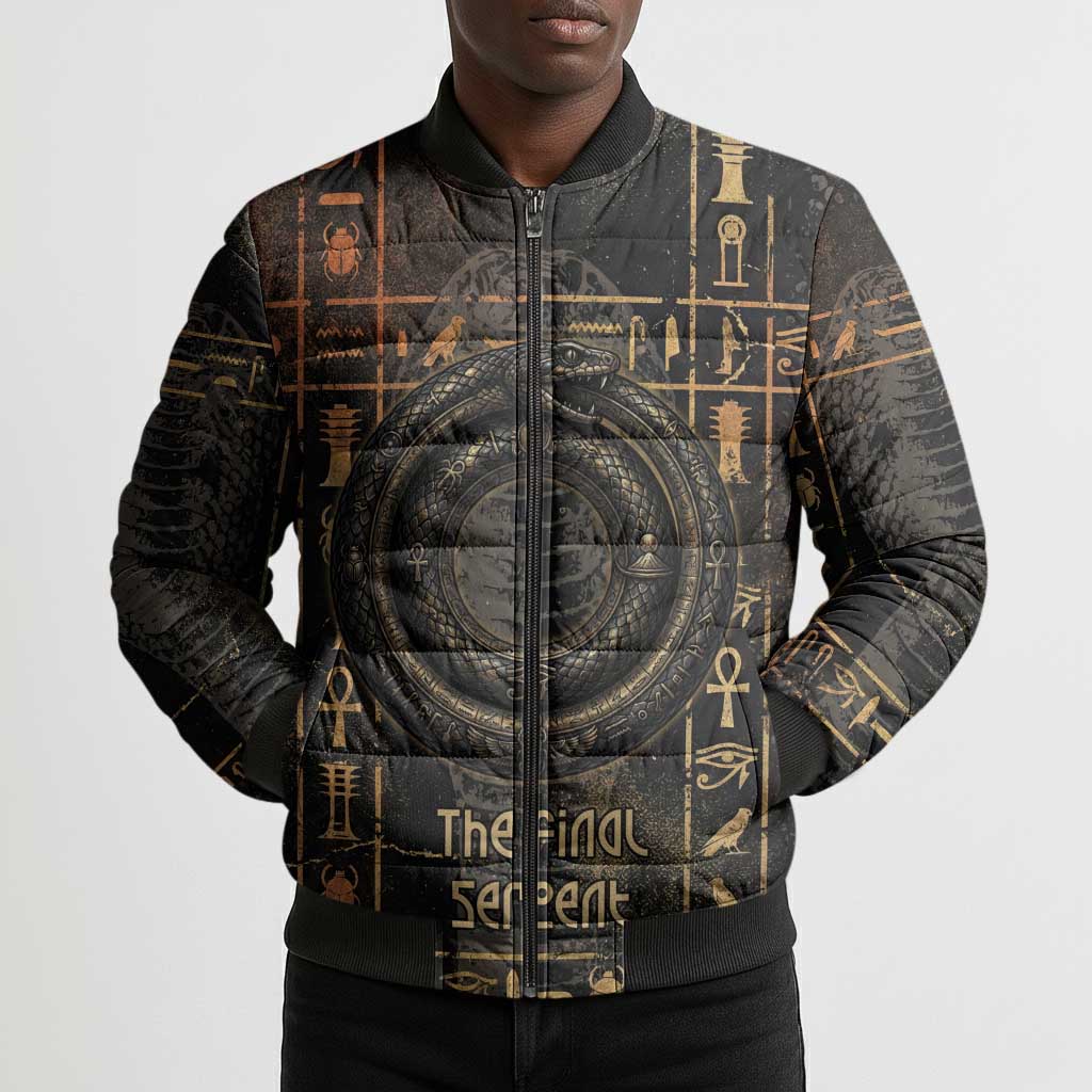 Atum Ancient Egyptian Bomber Puffer Jacket with Dark Hieroglyph Grid, Ouroboros Serpent Ring and The Final Serpent - African Pride