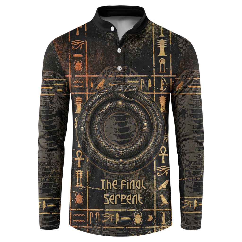 Atum Ancient Egyptian Button Sweatshirt with Dark Hieroglyph Grid, Ouroboros Serpent Ring and The Final Serpent