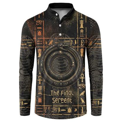 Atum Ancient Egyptian Button Sweatshirt with Dark Hieroglyph Grid, Ouroboros Serpent Ring and The Final Serpent