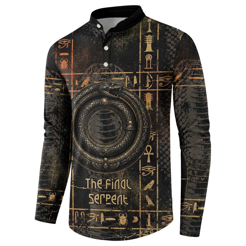 Atum Ancient Egyptian Button Sweatshirt with Dark Hieroglyph Grid, Ouroboros Serpent Ring and The Final Serpent