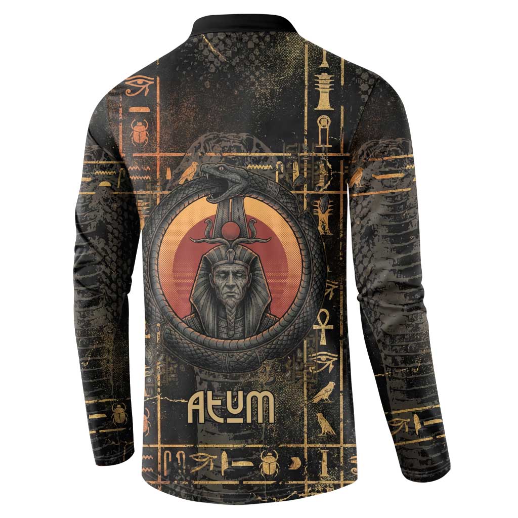 Atum Ancient Egyptian Button Sweatshirt with Dark Hieroglyph Grid, Ouroboros Serpent Ring and The Final Serpent
