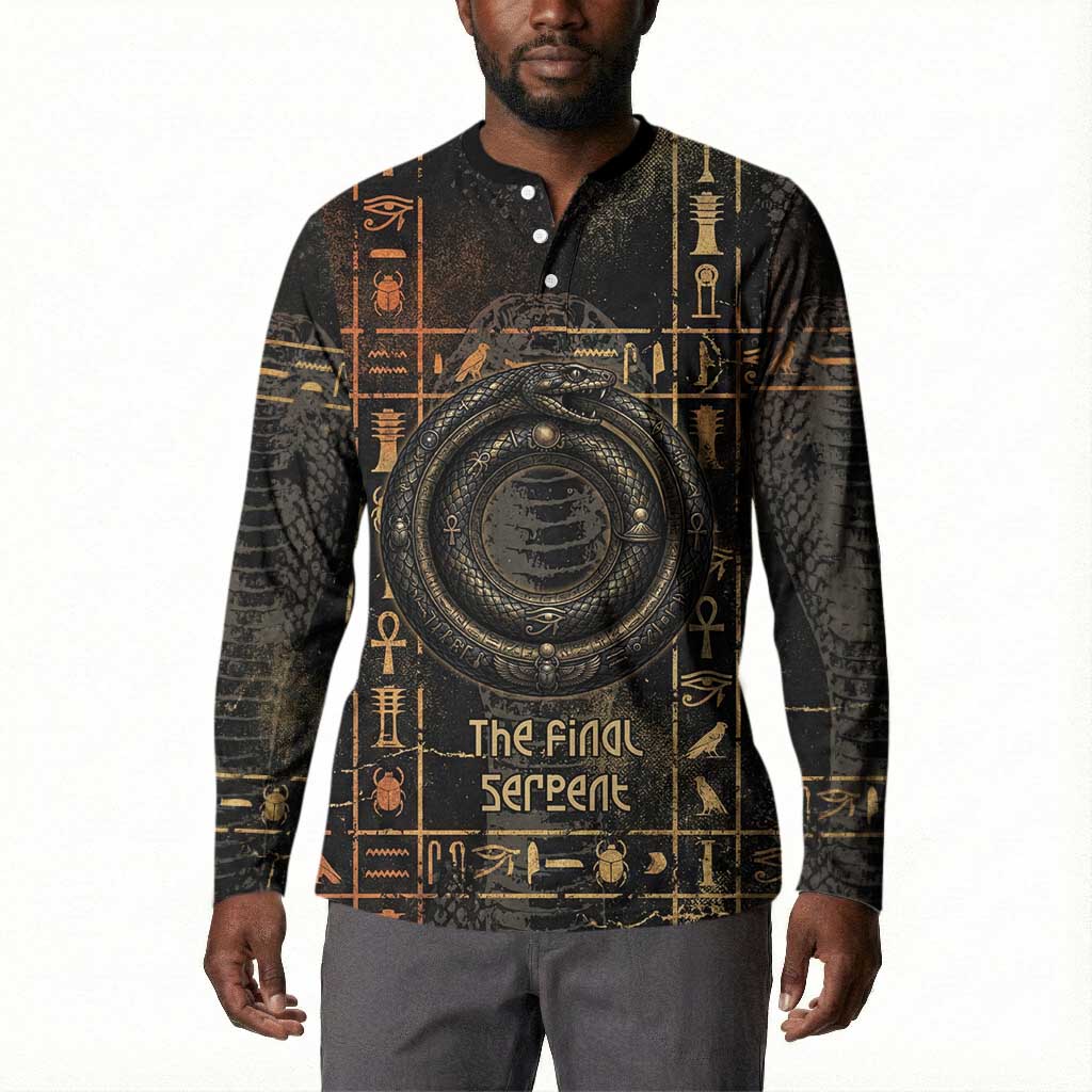 Atum Ancient Egyptian Button Sweatshirt with Dark Hieroglyph Grid, Ouroboros Serpent Ring and The Final Serpent