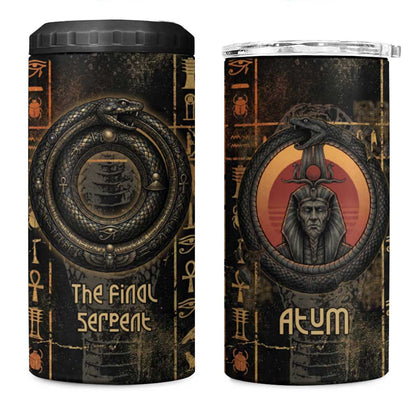 Atum Ancient Egyptian 4 in 1 Can Cooler Tumbler with Dark Hieroglyph Grid, Ouroboros Serpent Ring and The Final Serpent - African Pride