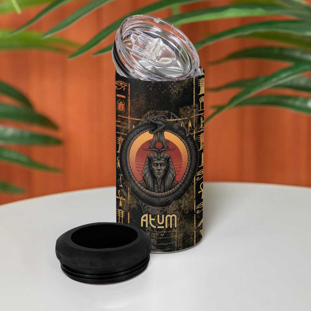 Atum Ancient Egyptian 4 in 1 Can Cooler Tumbler with Dark Hieroglyph Grid, Ouroboros Serpent Ring and The Final Serpent - African Pride