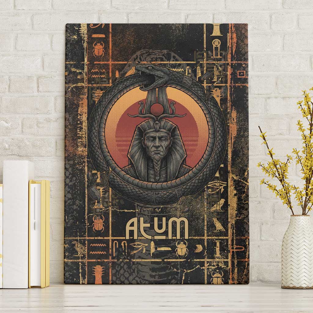 Atum Ancient Egyptian Canvas Wall Art with Dark Hieroglyph Grid, Ouroboros Serpent Ring and The Final Serpent - African Pride