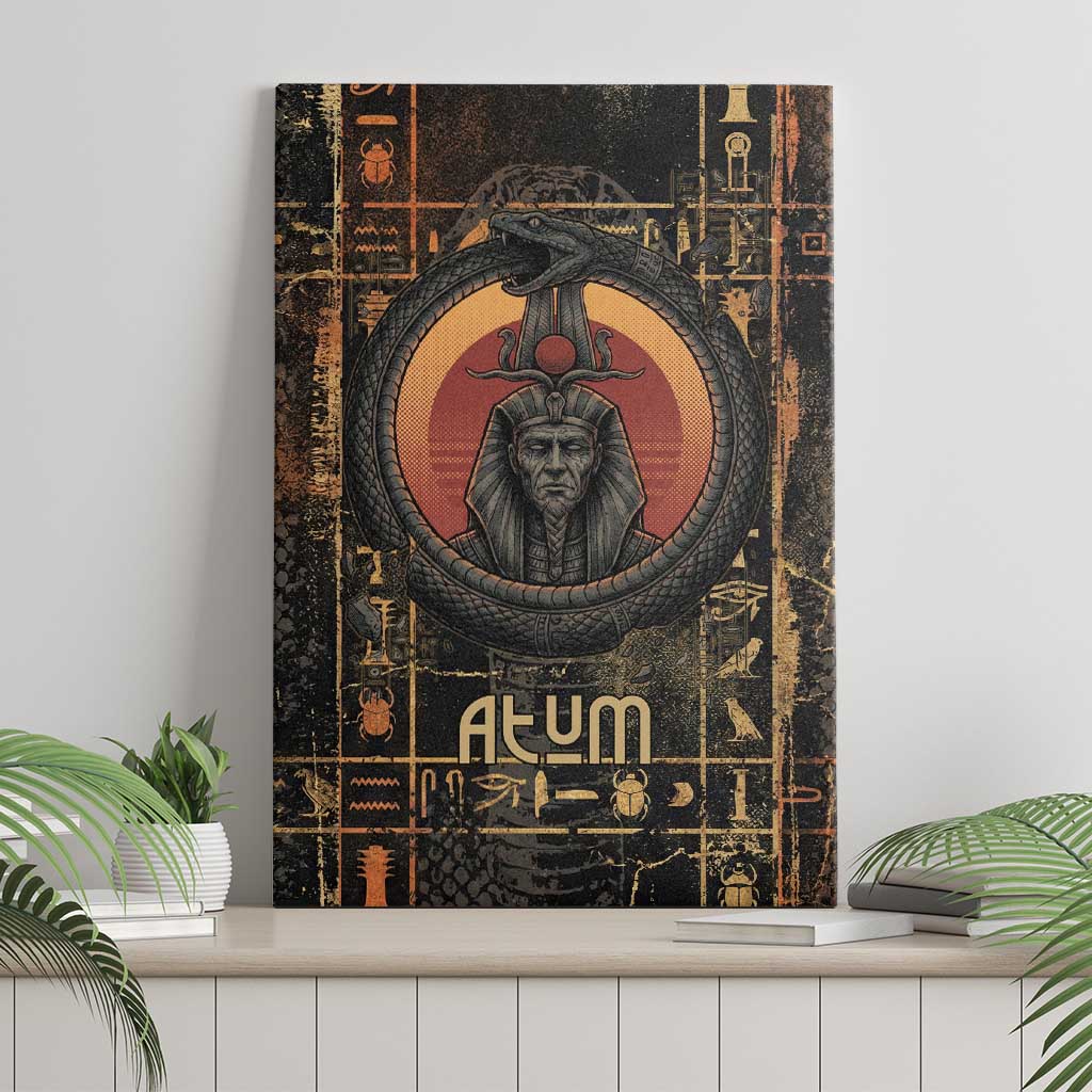 Atum Ancient Egyptian Canvas Wall Art with Dark Hieroglyph Grid, Ouroboros Serpent Ring and The Final Serpent - African Pride