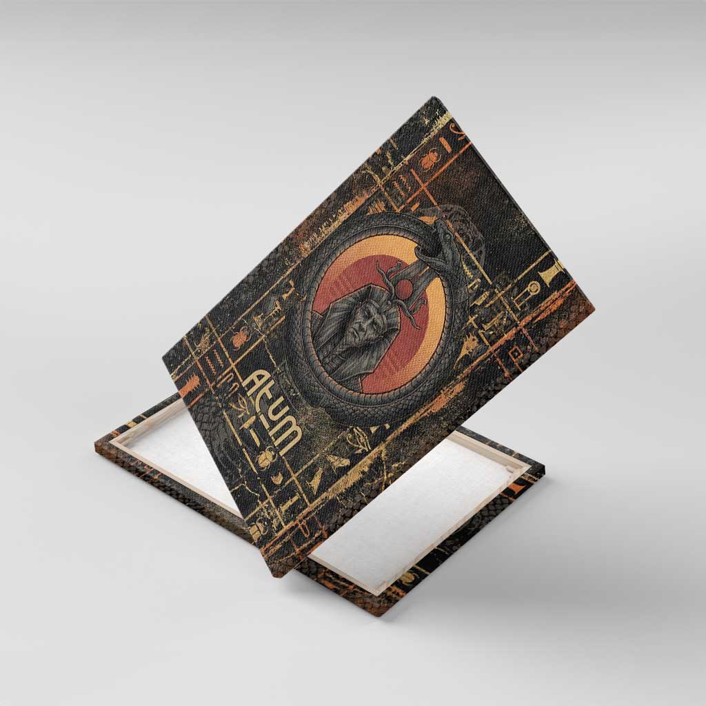 Atum Ancient Egyptian Canvas Wall Art with Dark Hieroglyph Grid, Ouroboros Serpent Ring and The Final Serpent - African Pride
