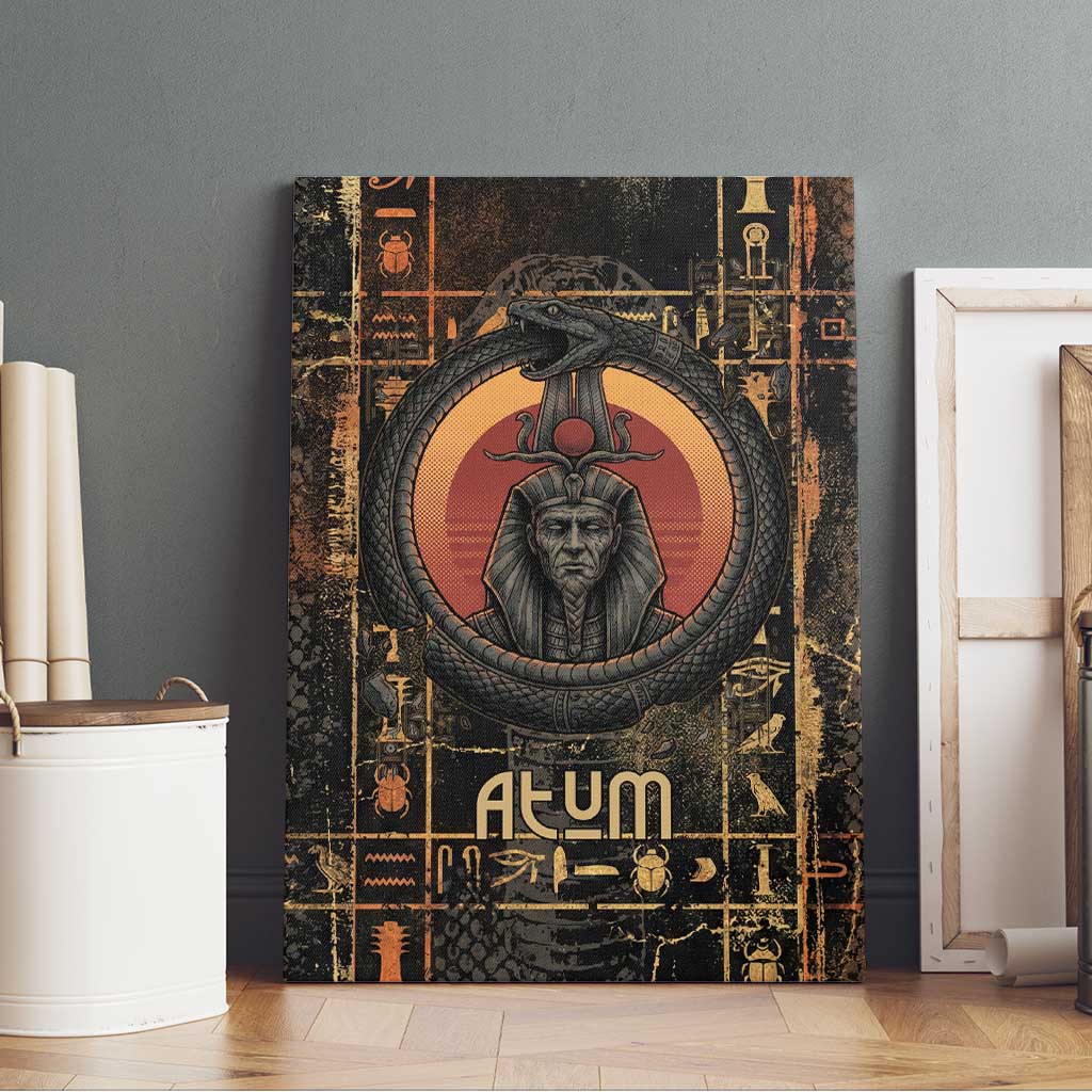 Atum Ancient Egyptian Canvas Wall Art with Dark Hieroglyph Grid, Ouroboros Serpent Ring and The Final Serpent - African Pride
