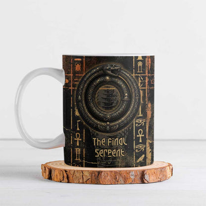 Atum Ancient Egyptian Ceramic Mug with Dark Hieroglyph Grid, Ouroboros Serpent Ring and The Final Serpent - African Pride