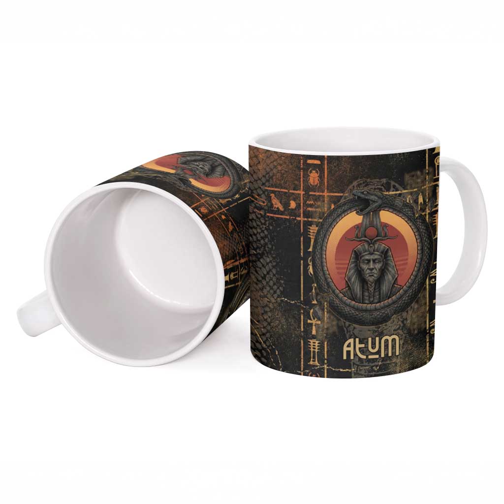 Atum Ancient Egyptian Ceramic Mug with Dark Hieroglyph Grid, Ouroboros Serpent Ring and The Final Serpent - African Pride
