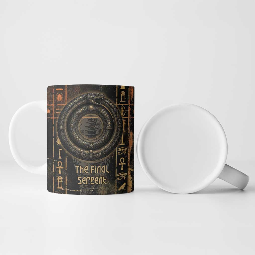 Atum Ancient Egyptian Ceramic Mug with Dark Hieroglyph Grid, Ouroboros Serpent Ring and The Final Serpent - African Pride